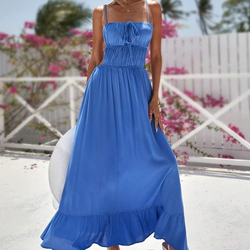 Blue Boho Womens Tie Front Ruffle Hem Cami Dress - Picture 4 of 5